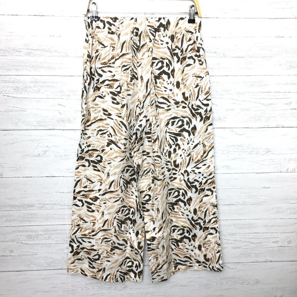 NEW Tahari Women's Brown & Ivory Print Linen Pants Wide Leg Side Zipper Medium - Picture 2 of 9